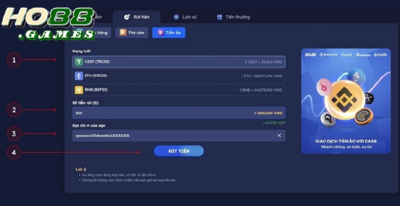 Hướng dẫn rút qua tiền ảo